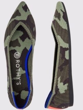 ROTHY’S Pointed Point Toe Camo Knit Flats Green Black Orange Detail Sz 11.5